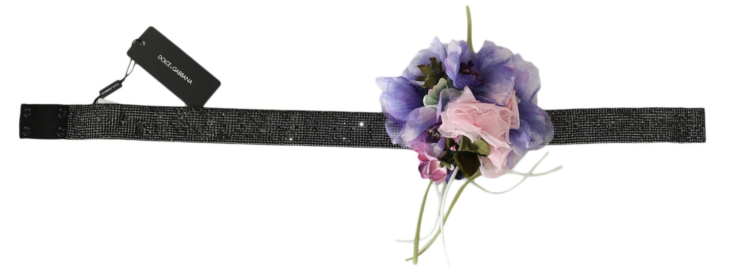 Belt Black Crystal Brass Flower Wide Waist
