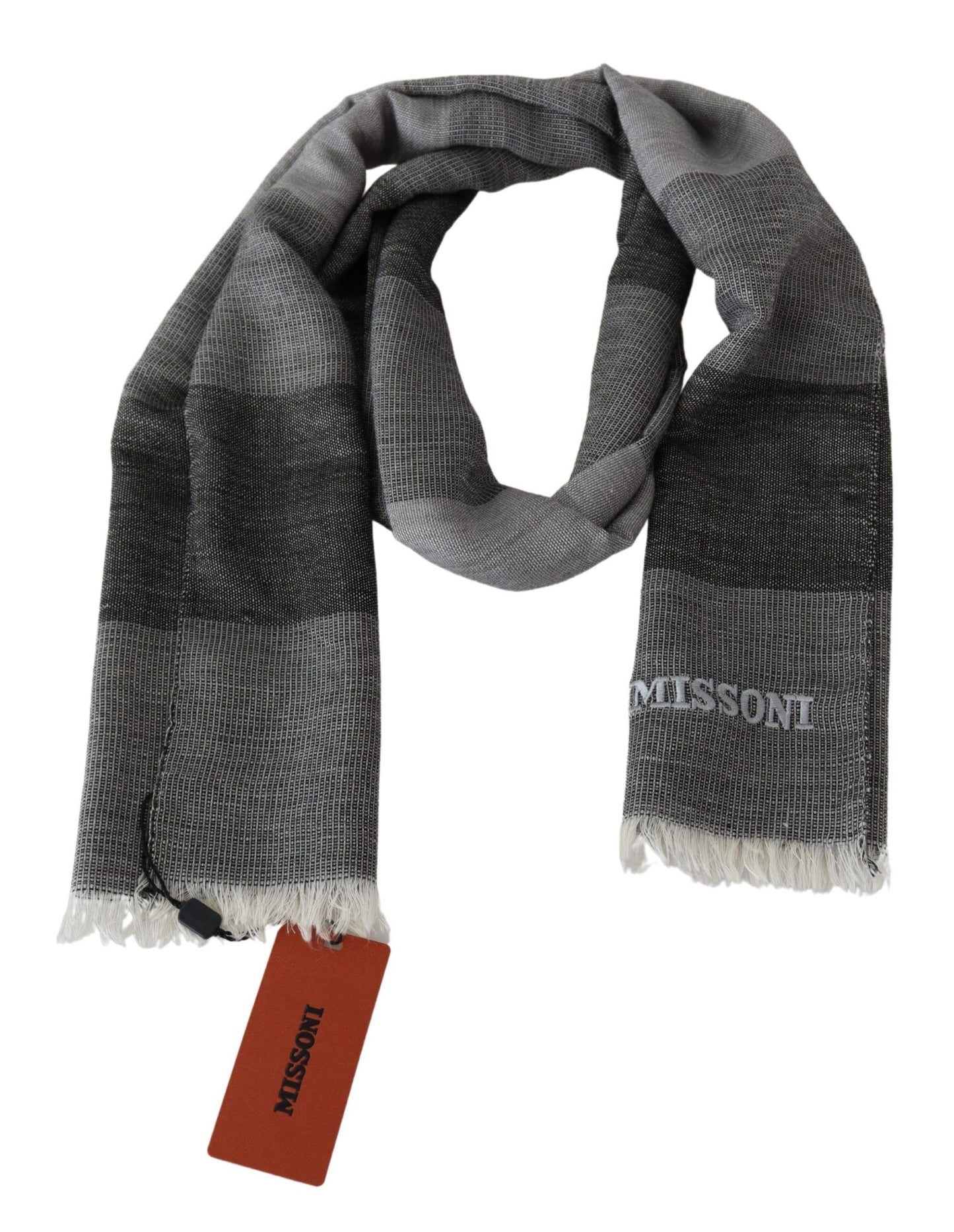 Gray Striped Wool Unisex Neck Wrap Fringes Scarf