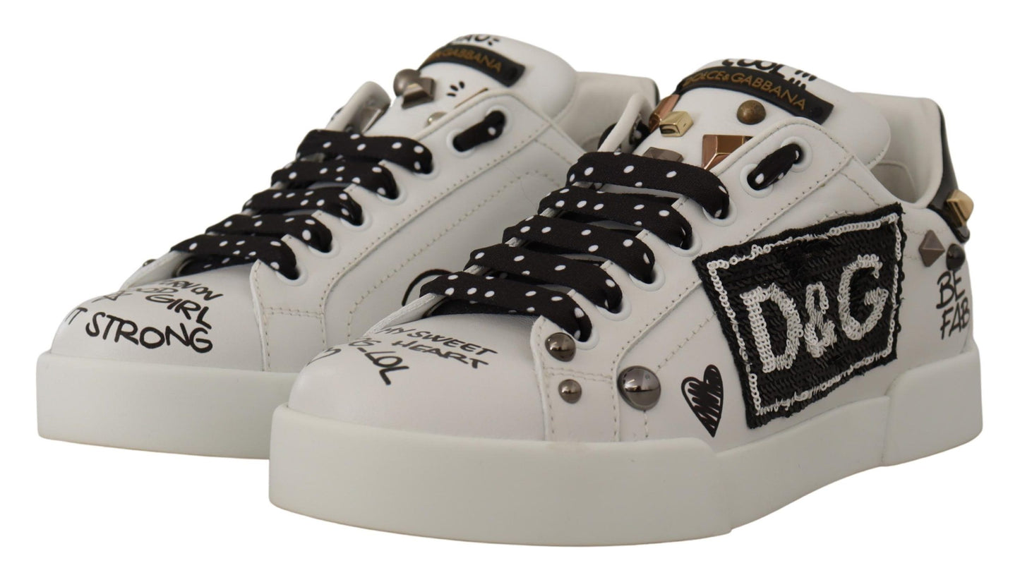 White Sequined Leather Sneakers with Studs Detail