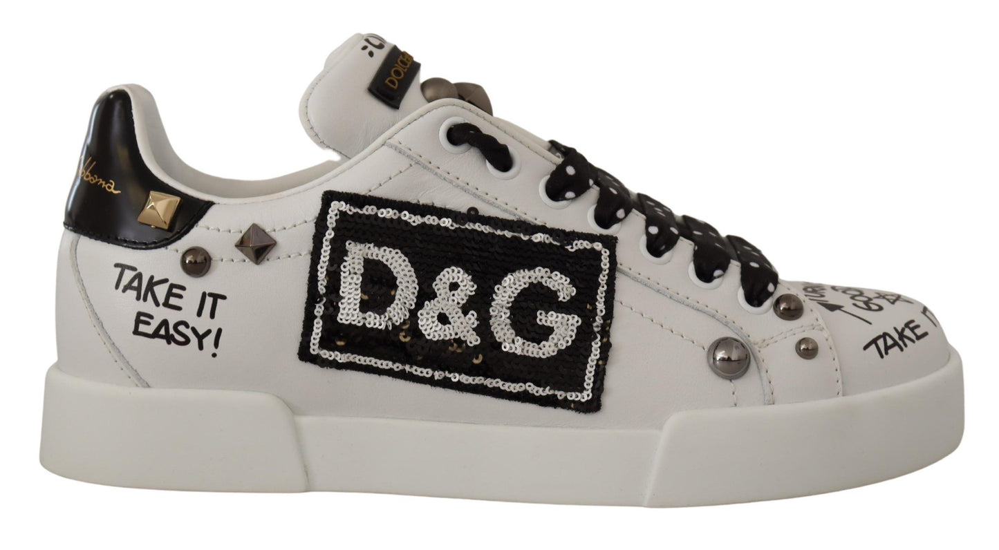 White Sequined Leather Sneakers with Studs Detail