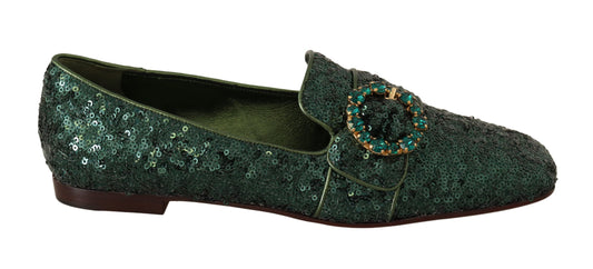 Emerald Sequined Loafers with Crystal Gems