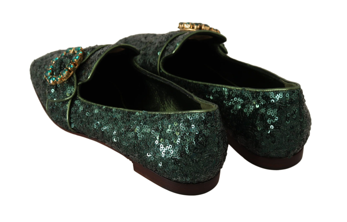 Emerald Sequined Loafers with Crystal Gems