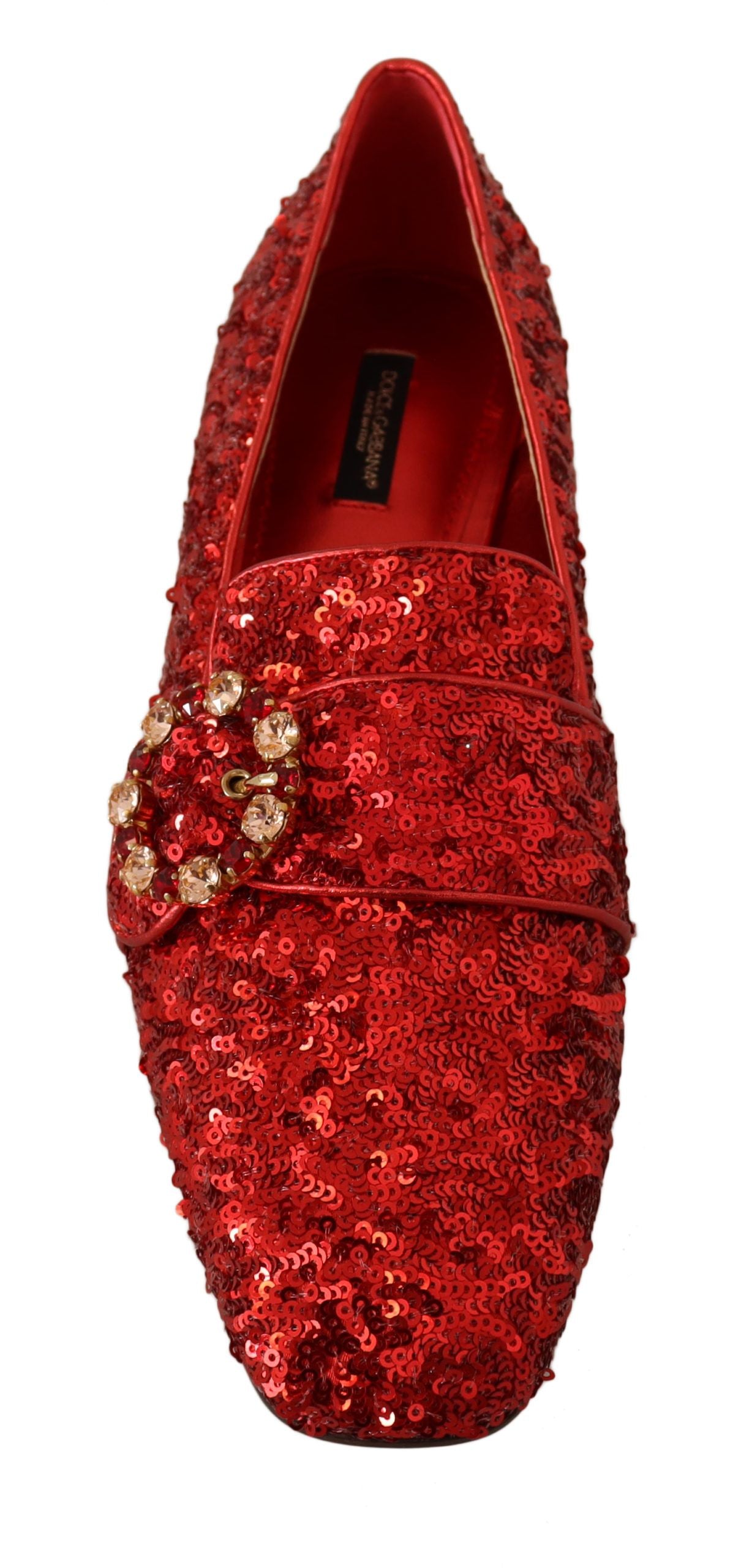 Sequined Red Flat Loafers with Crystal Gems