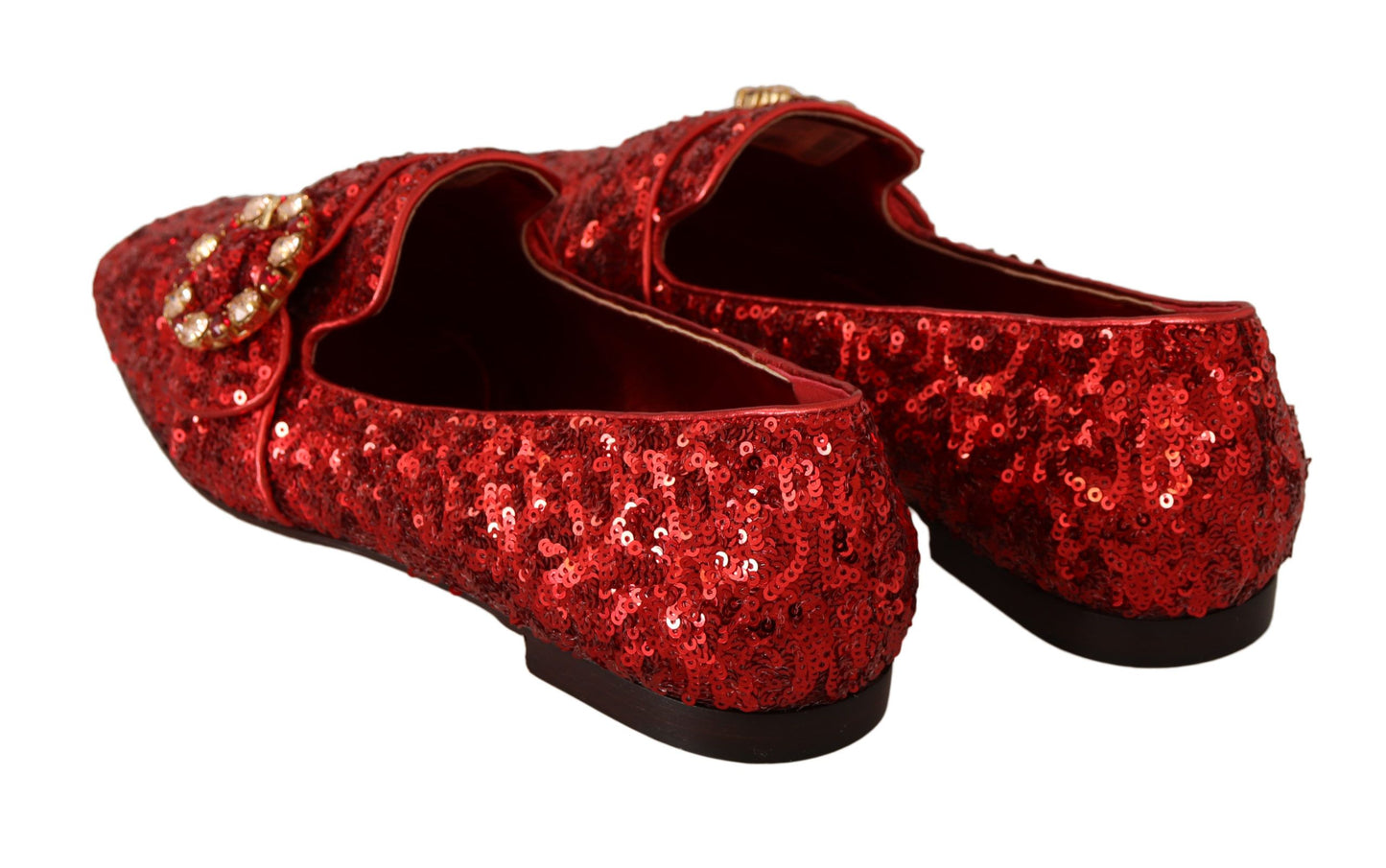 Sequined Red Flat Loafers with Crystal Gems