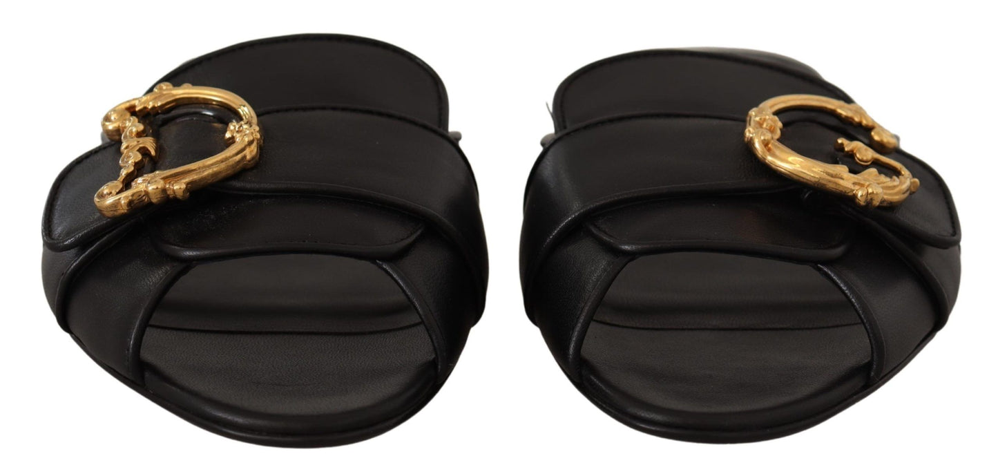 Elegant Black Leather Flat Sandals with Gold Detail