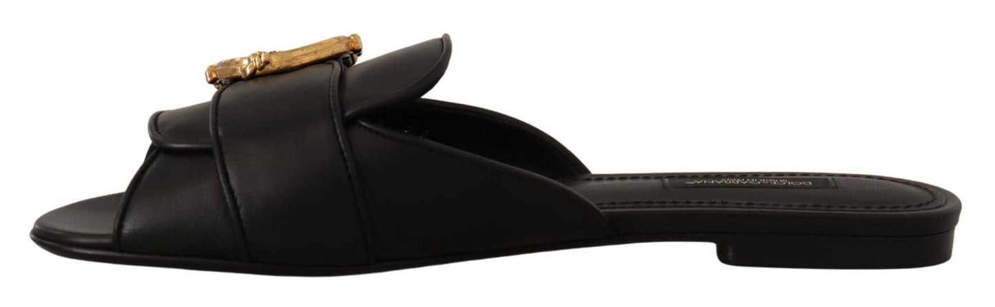 Elegant Black Leather Flat Sandals with Gold Detail