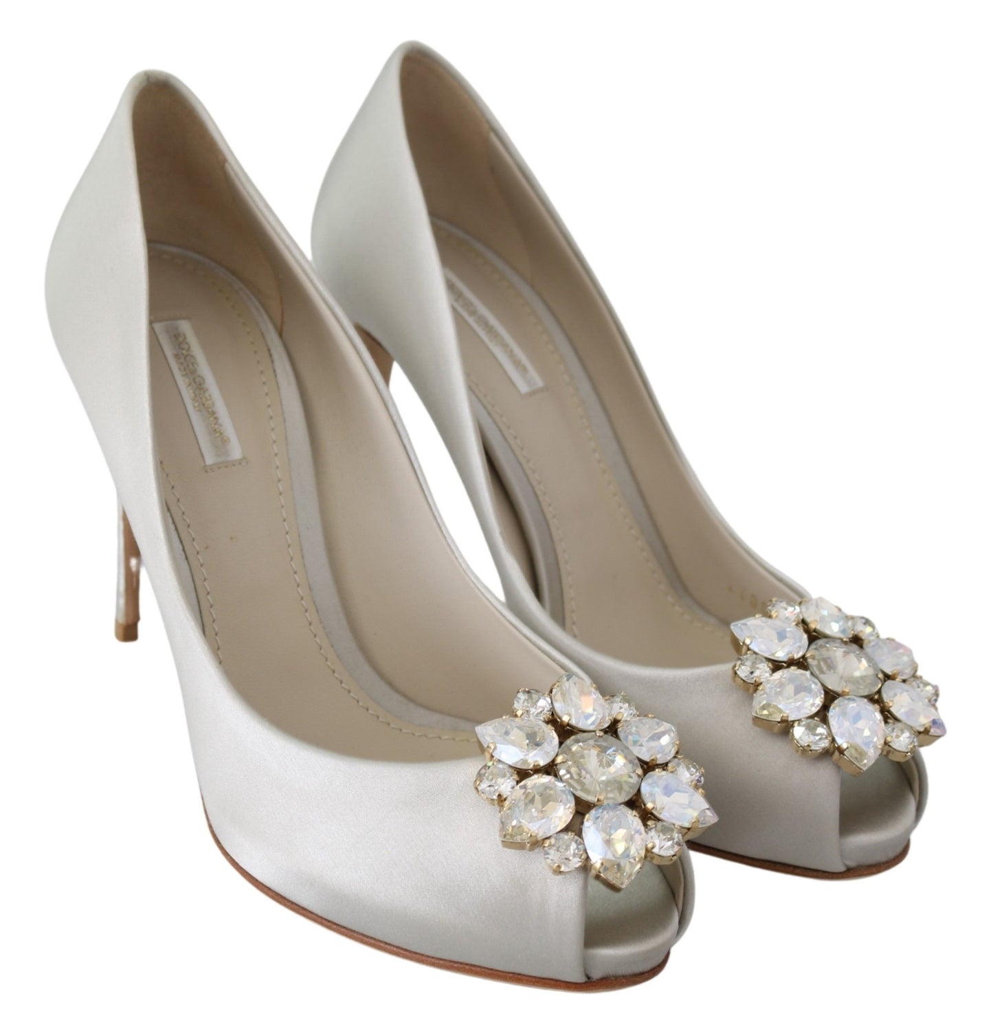 Elegant White Silk Crystal Peep Toe Heels