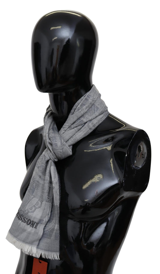 Chic Unisex Gray Wool Scarf with Logo Embroidery