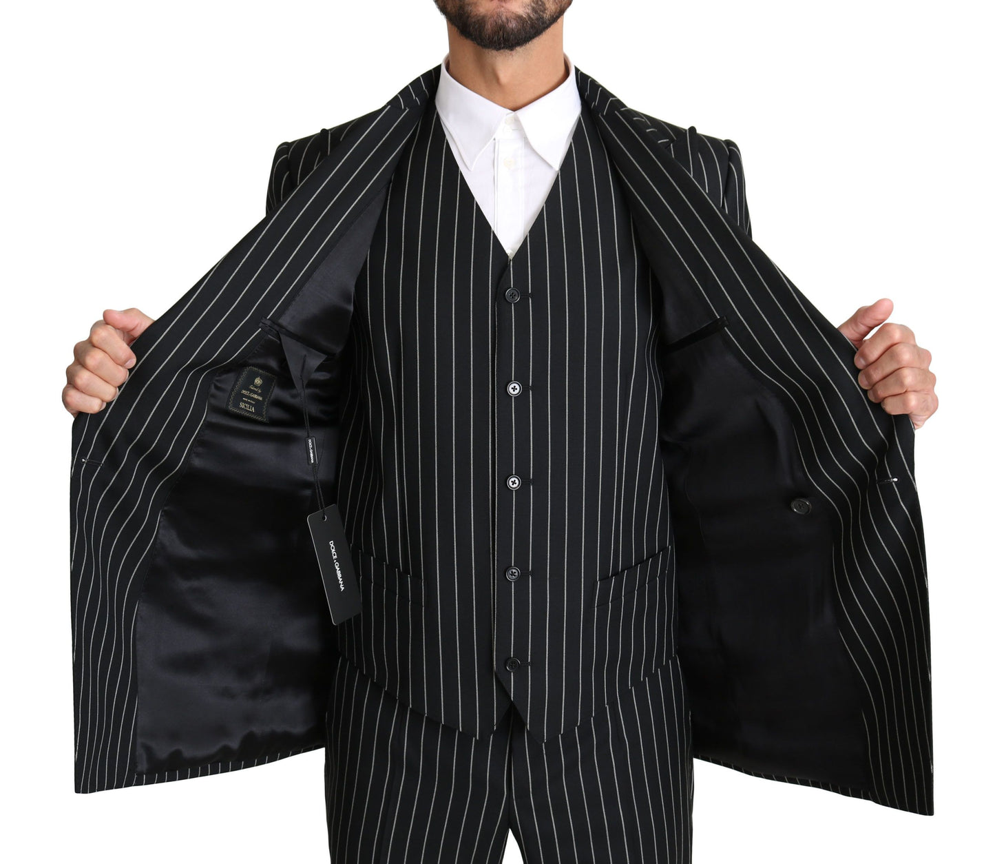 Elegant Black Striped Three-Piece Suit