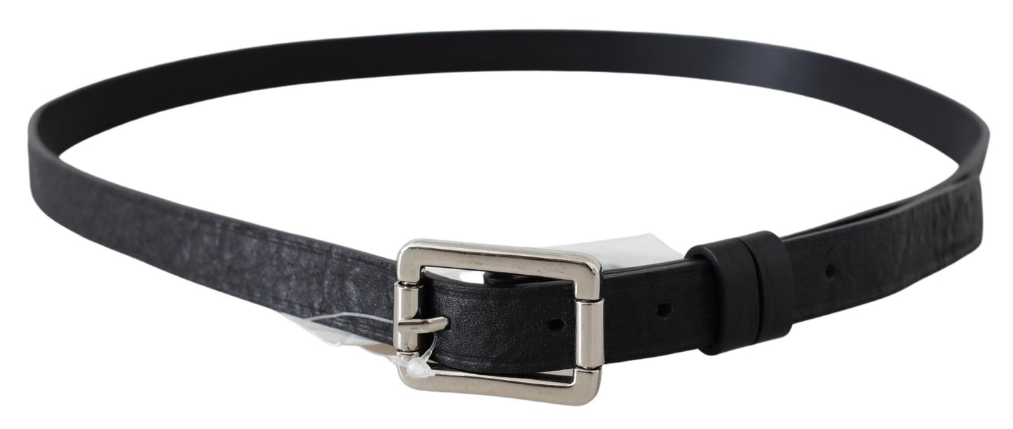Elegant Black Leather Waist Belt with Silver-Tone Buckle