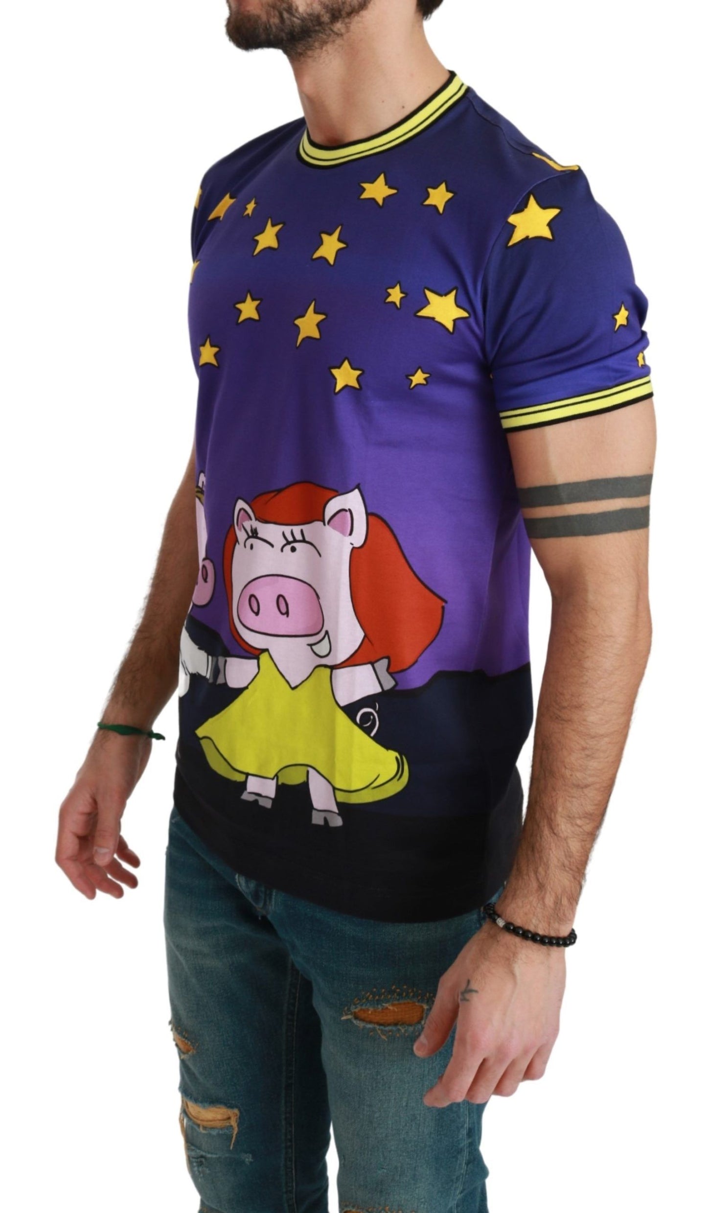 Purple Cotton Round Neck T-Shirt with Pig Motif