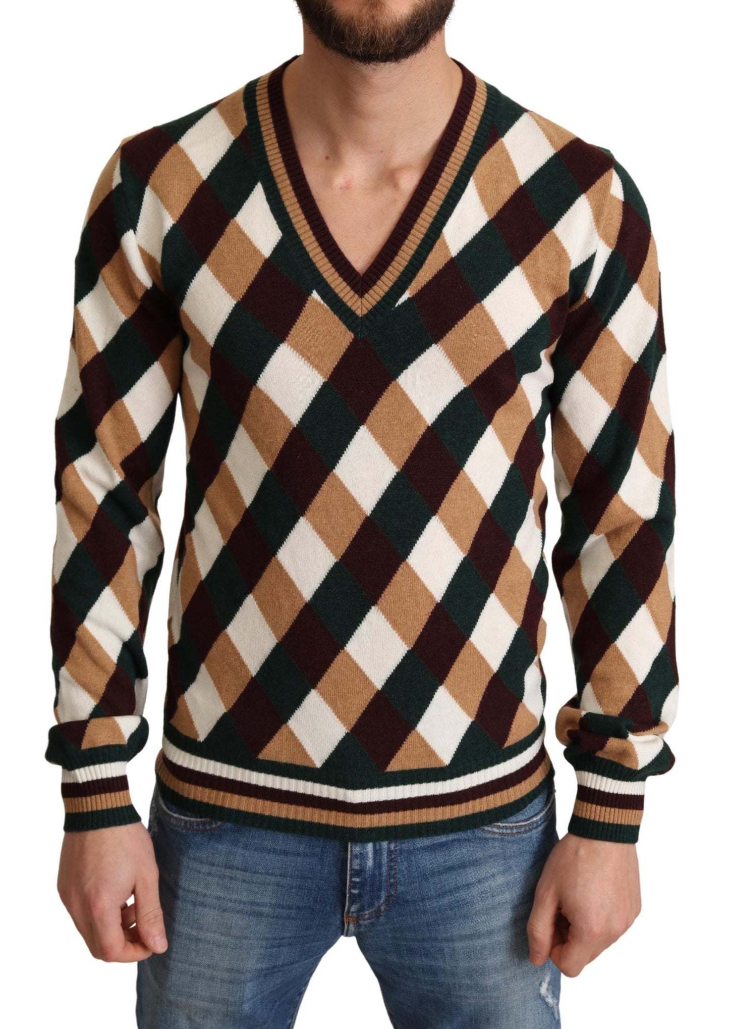 Checkered V-Neck Cashmere Sweater