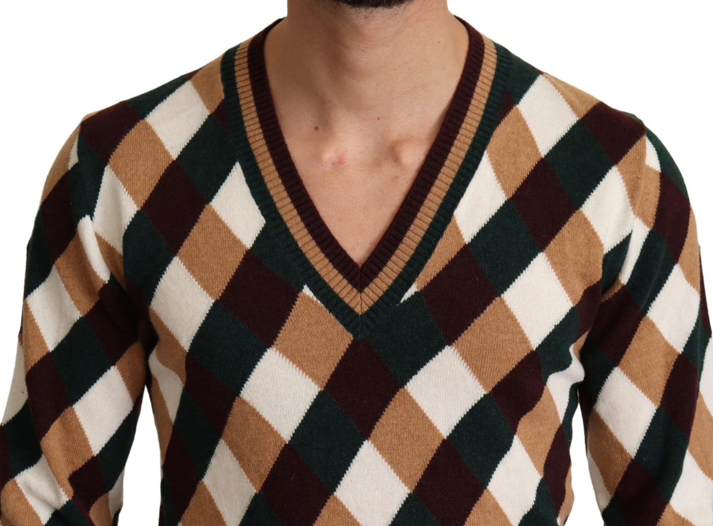 Checkered V-Neck Cashmere Sweater