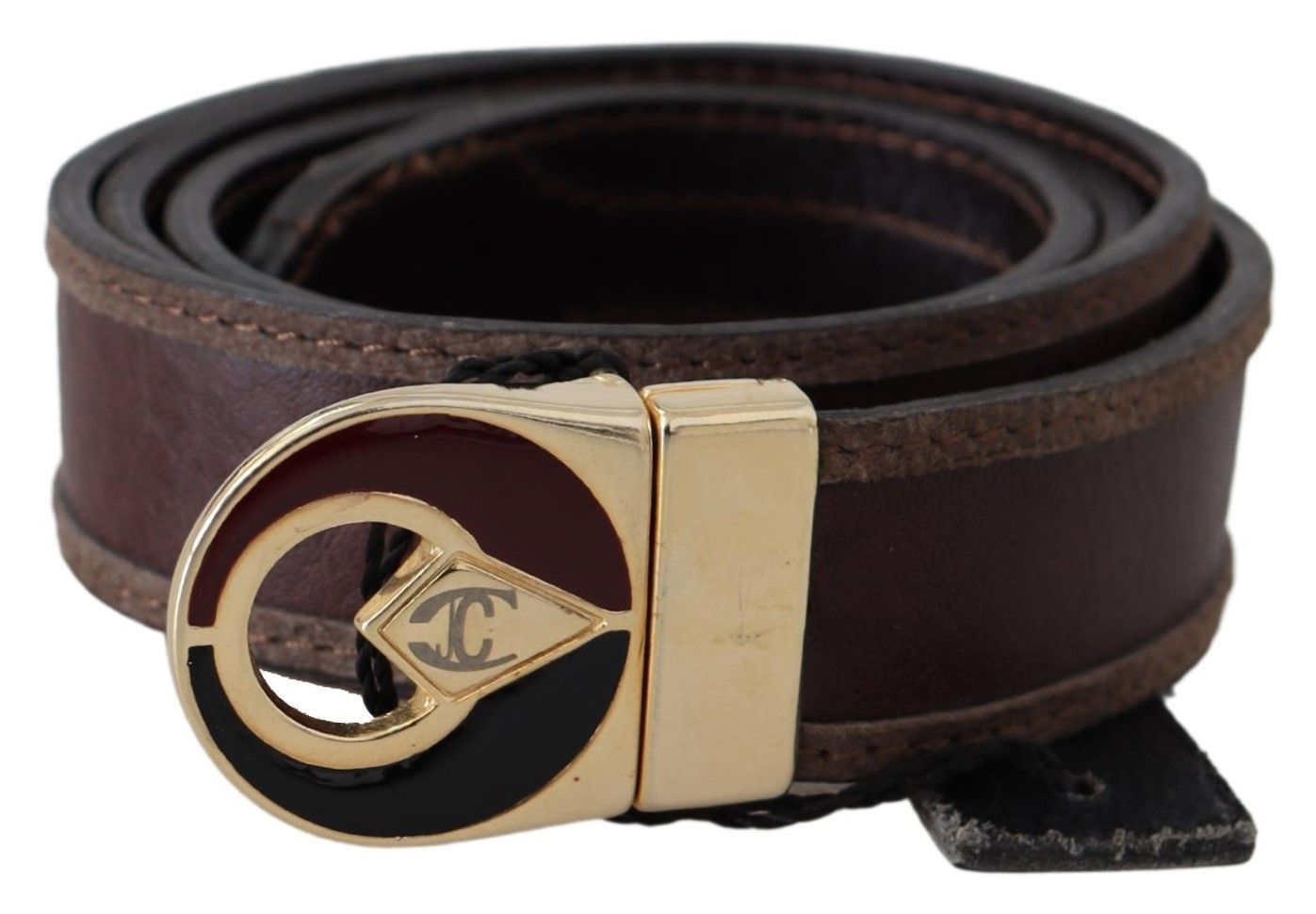 Brown Leather Gold Logo Circle Metal Buckle Belt