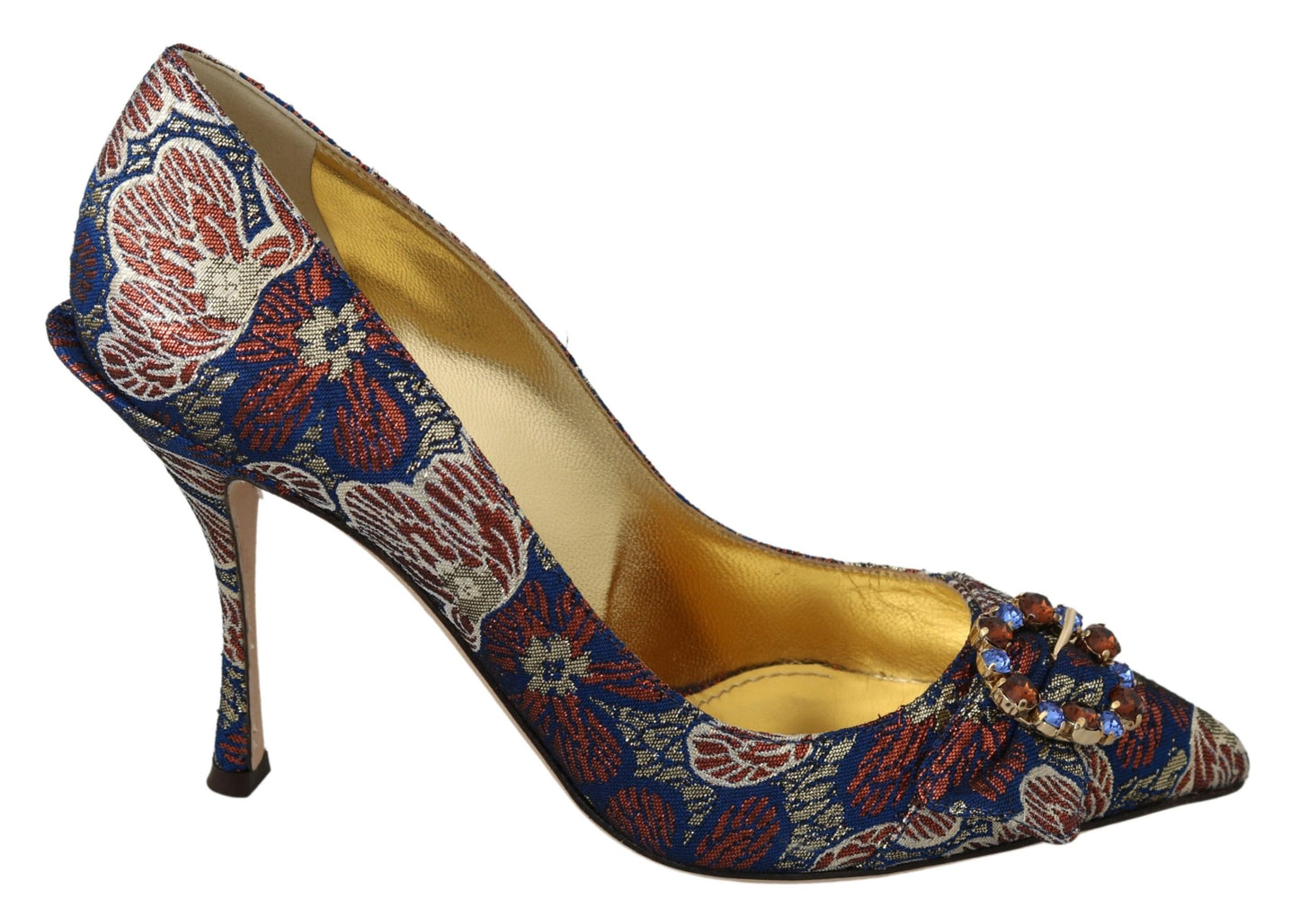 Elegant Blue Jacquard Heels with Crystal Embellishments