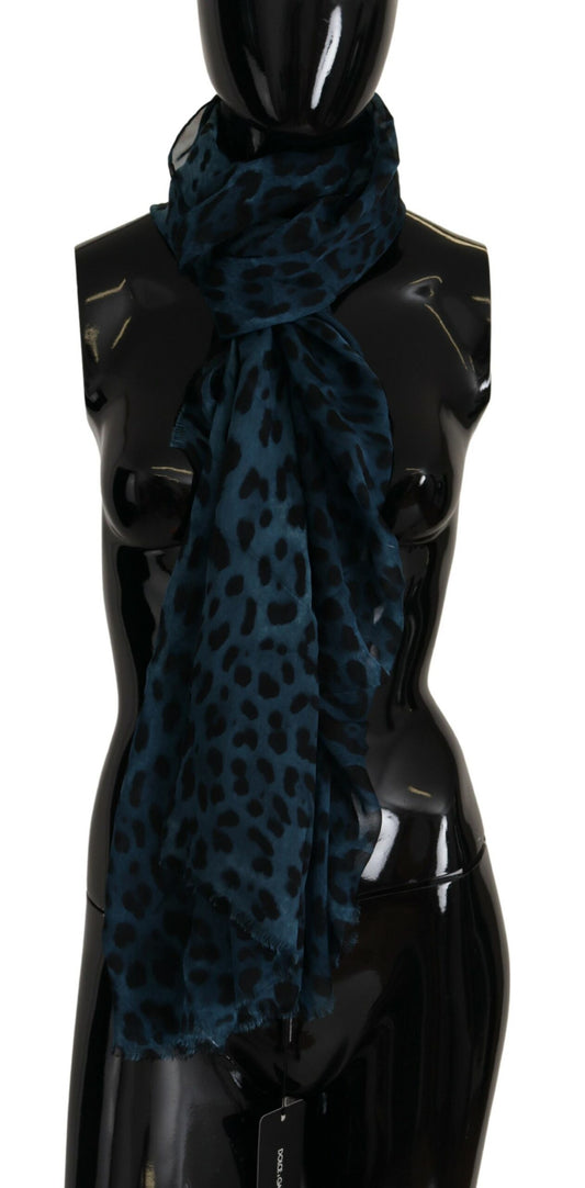 Elegant Blue Leopard Print Silk Shawl