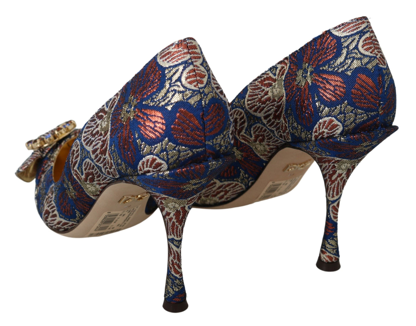 Elegant Blue Jacquard Heels with Crystal Embellishments