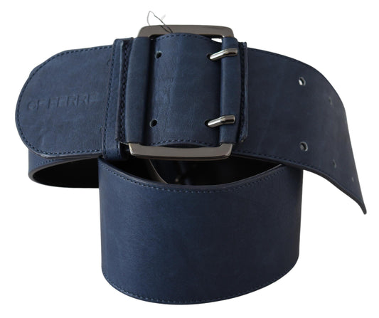 Chic Blue Leather Belt with Silver Tone Hardware