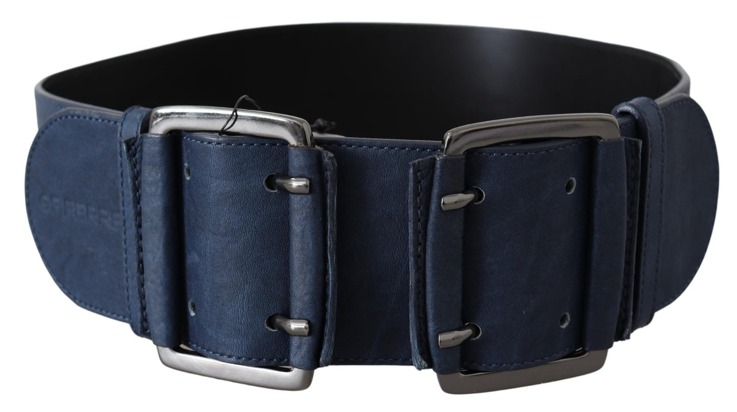 Blue Leather Wide Silver Chrome Double Belt