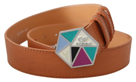 Chic Brown Leather Belt with Logo Buckle