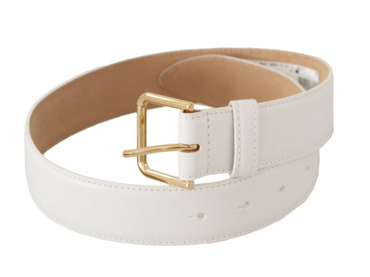Elegant White Leather Belt with Engraved Buckle