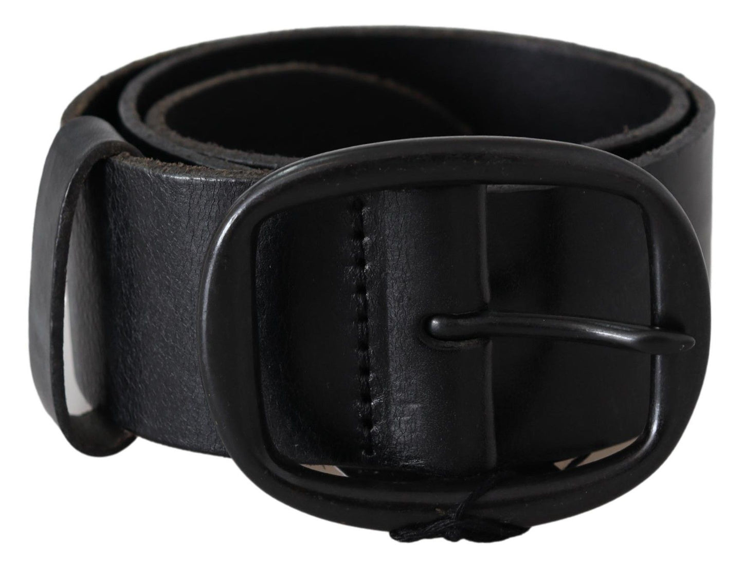 Black Genuine Leather Oval Metal Buckle Belt