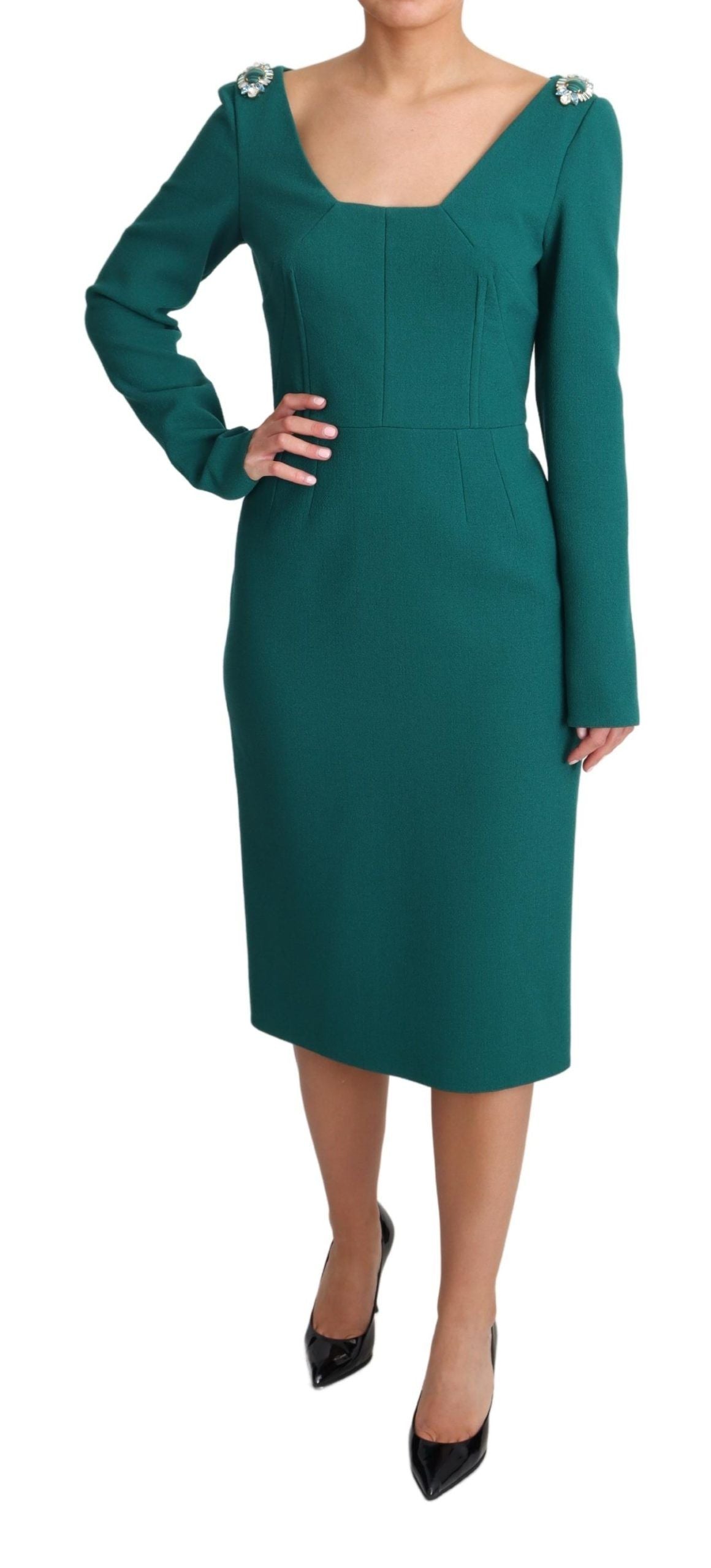 Emerald Wool Crepe Midi Dress With Crystal Brooches