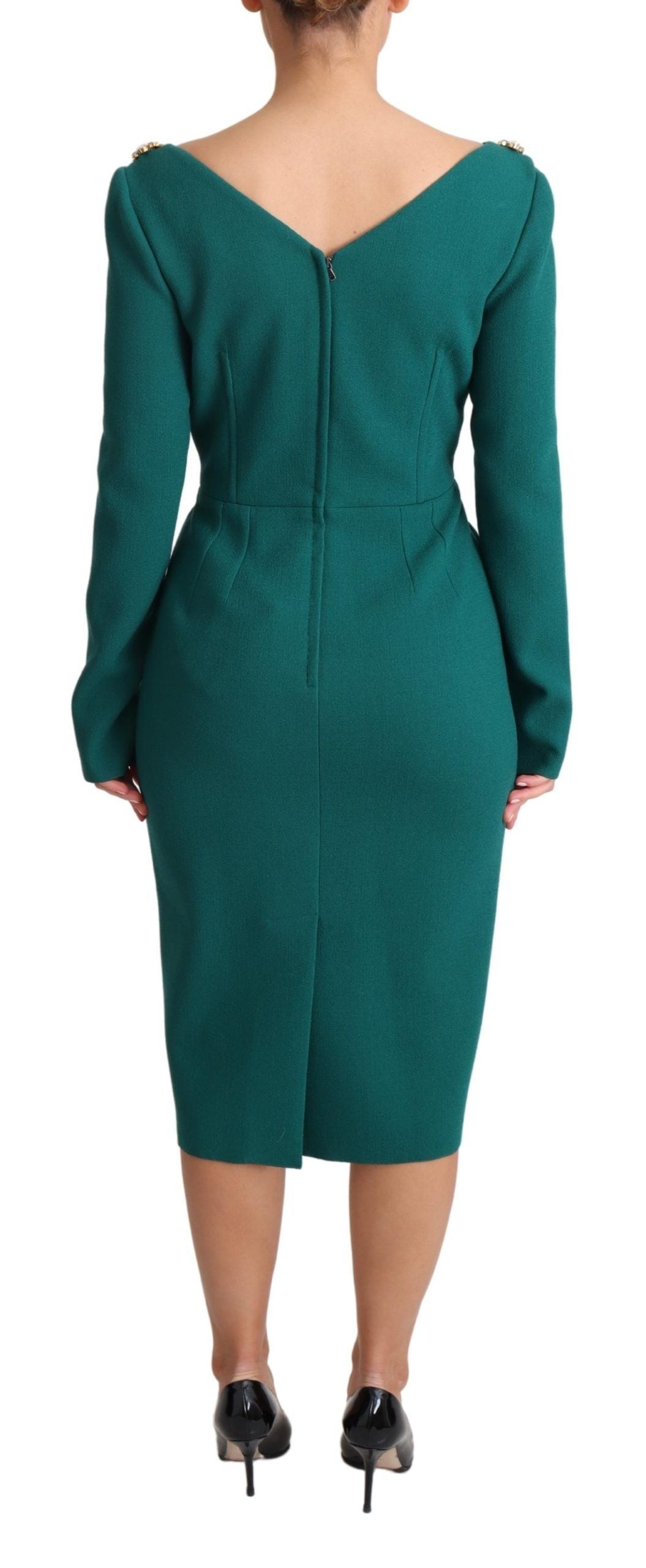 Emerald Wool Crepe Midi Dress With Crystal Brooches