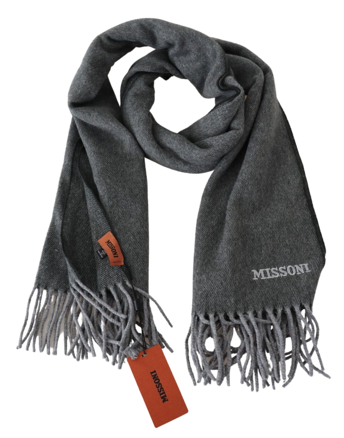 Elegant Gray Wool Unisex Scarf with Logo Embroidery