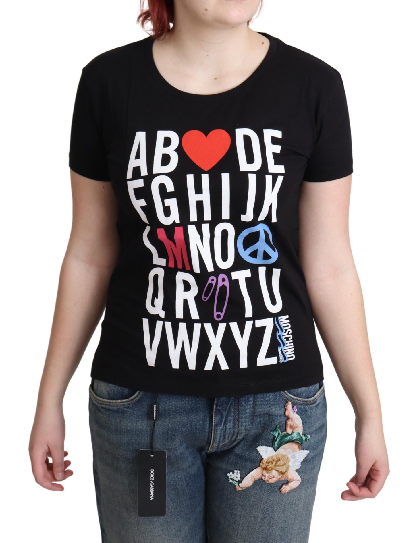 Black Cotton Alphabet Letter Print Tops T-shirt