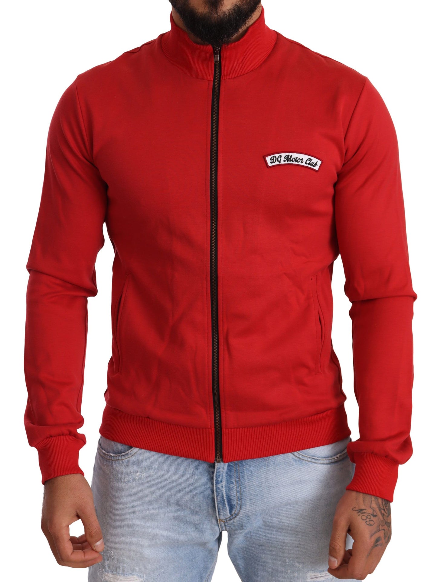 Elegant Red Full Zip Sweater with DG Motor Club Motif