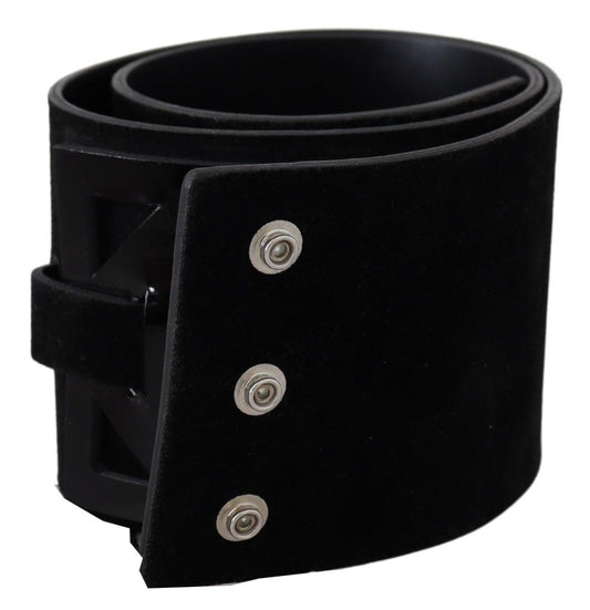 Elegant Black Leather Wide Belt with Silver Tone Buckle