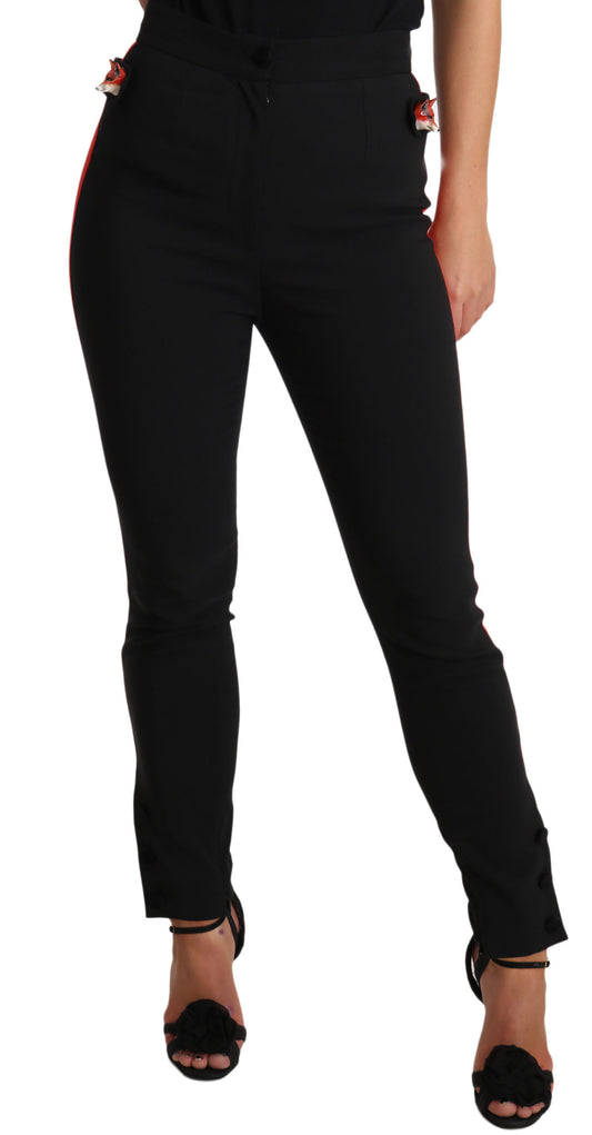 Chic Black Mid-Waist Skinny Pants with Red Stripe