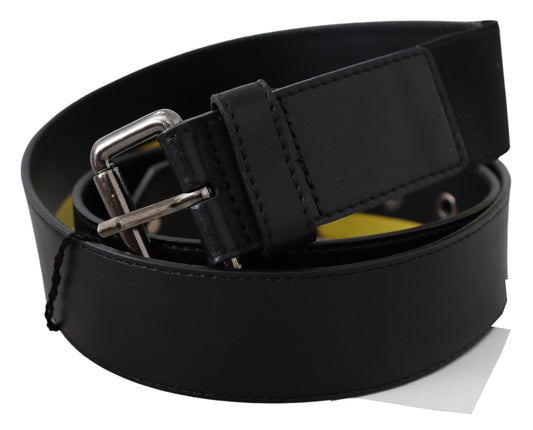 Sleek Black Leather Belt with Yellow Lining