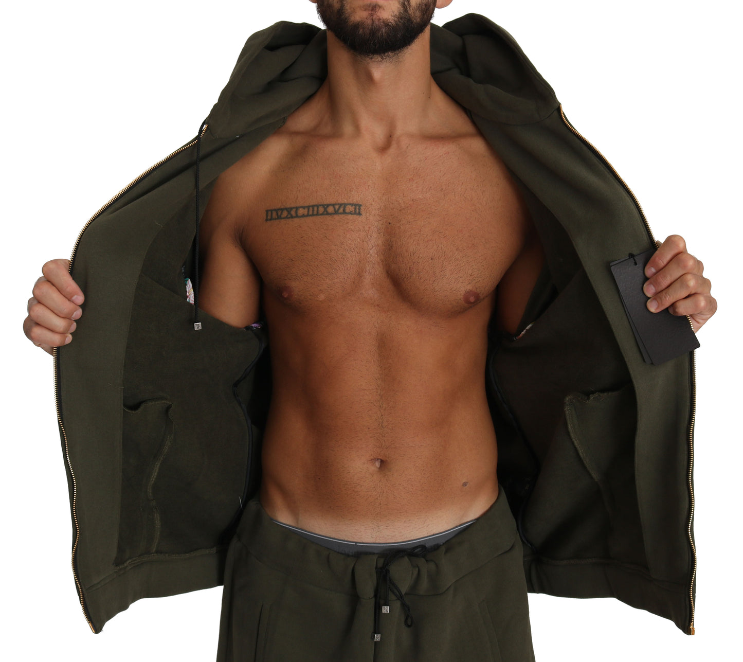 Hooded Full Zip Green Cotton Mens Sweater