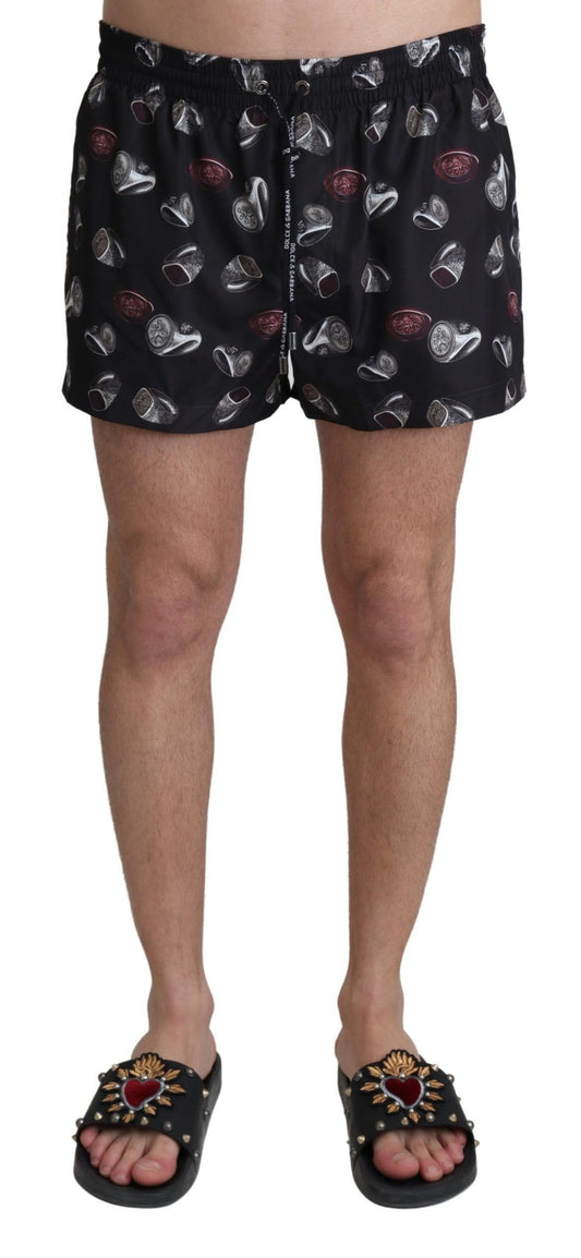 Chic Black Swimming Trunks with Ring Print