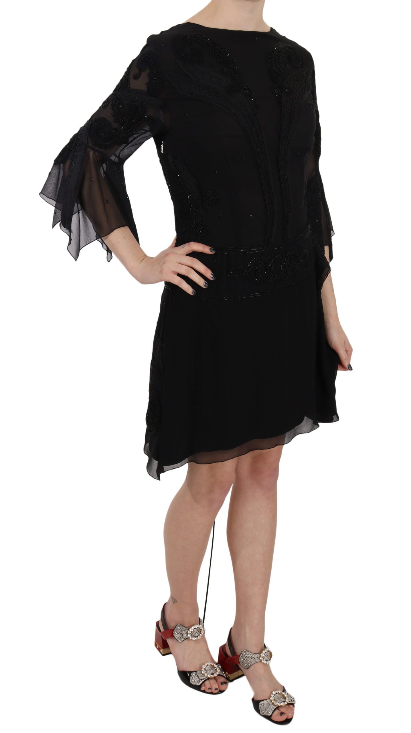Elegant Black Sequined Silk Mini Dress