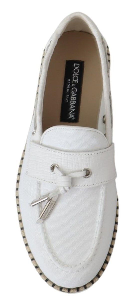 Elegant White Canvas Leather Loafers