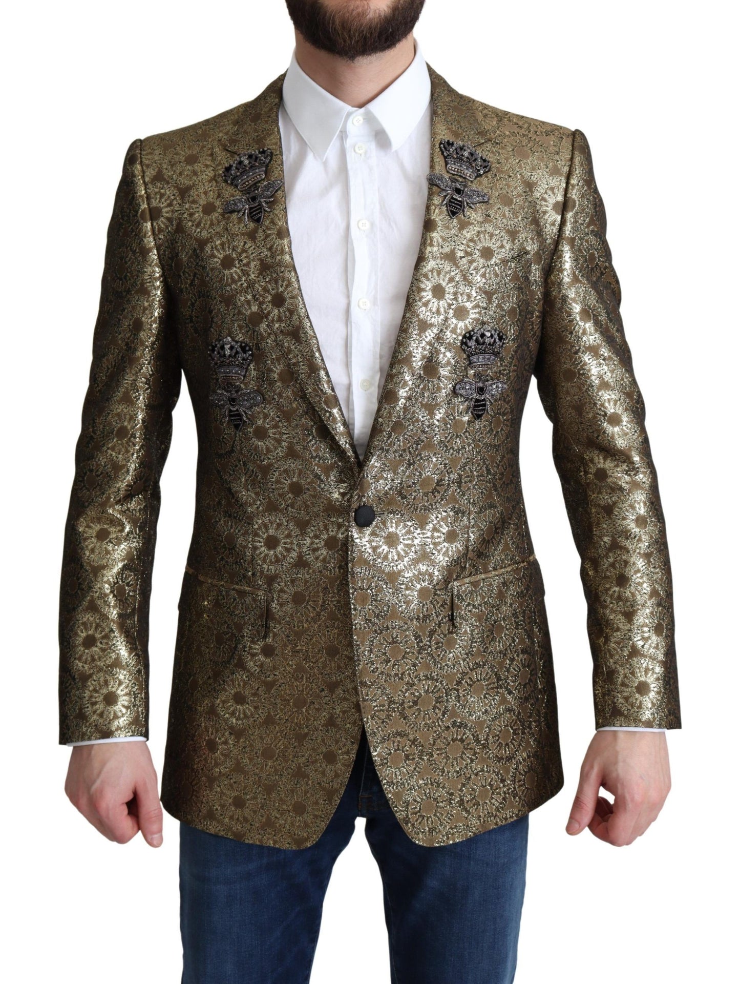 Elegant Gold Jacquard Martini Blazer Jacket
