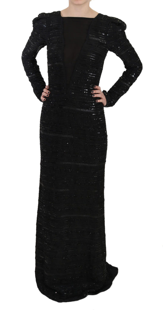 Black Silk Sheath Maxi Dress with Sequins