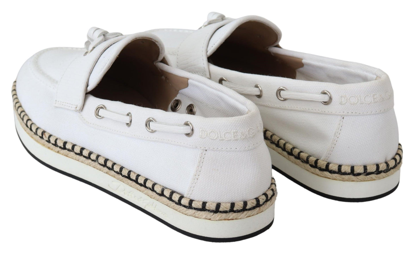 Elegant White Canvas Leather Loafers