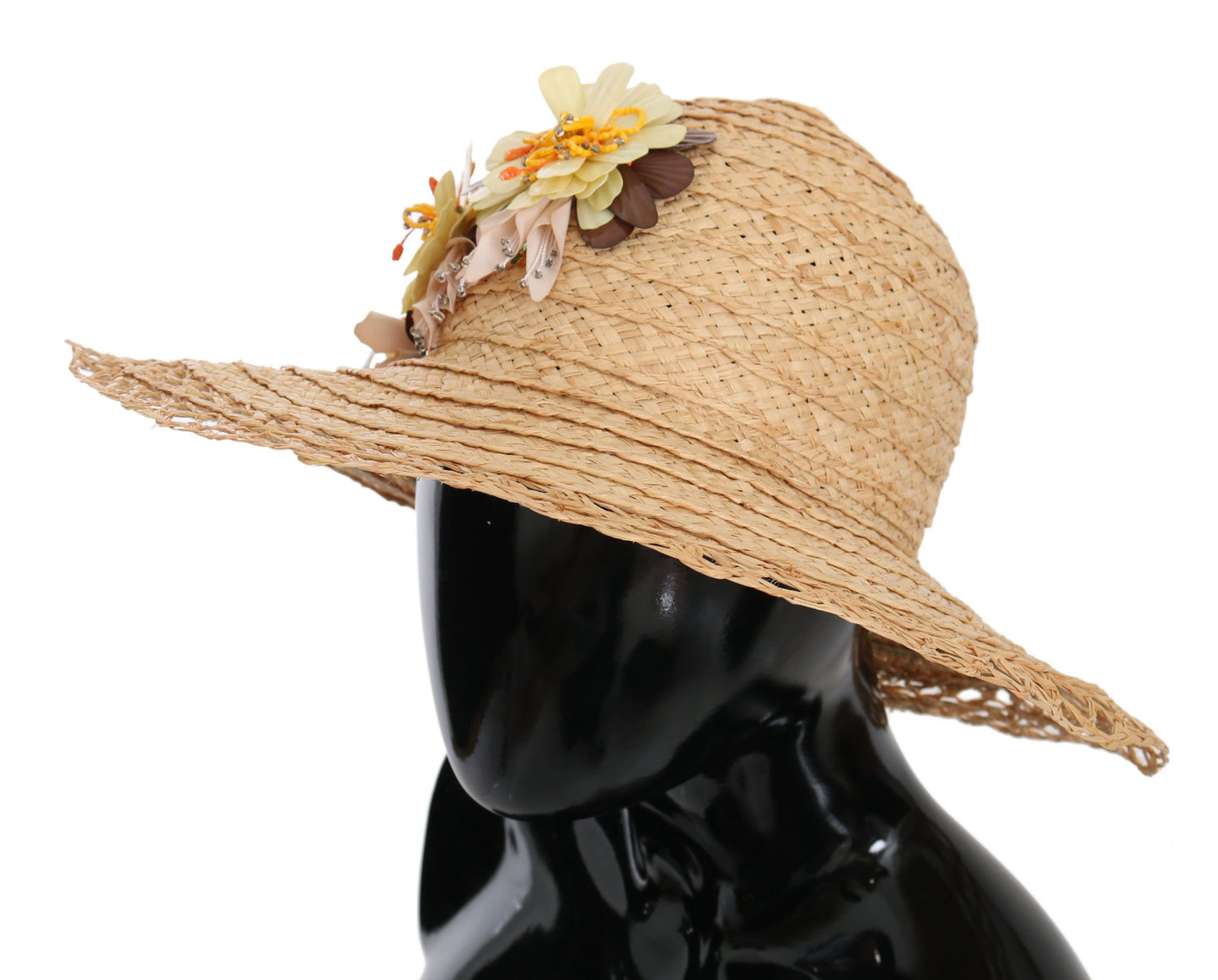 Beige Wide Brim Floral Bucket Capello Hat