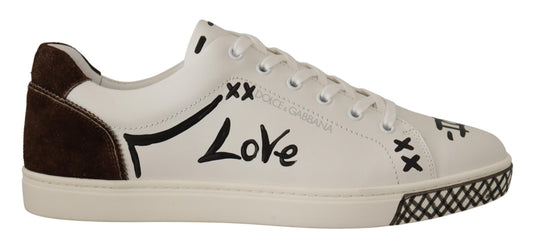Elegant White Love Motif Leather Sneakers