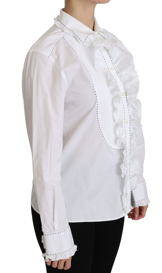 Elegant White Cotton Long Sleeve Ruffle Top