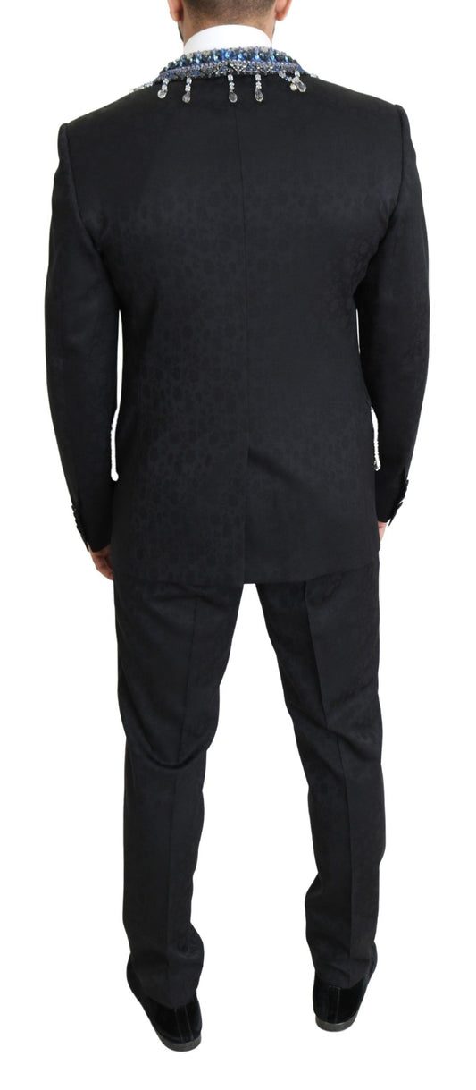 Elegant Black Brocade Two-Piece Wool Suit