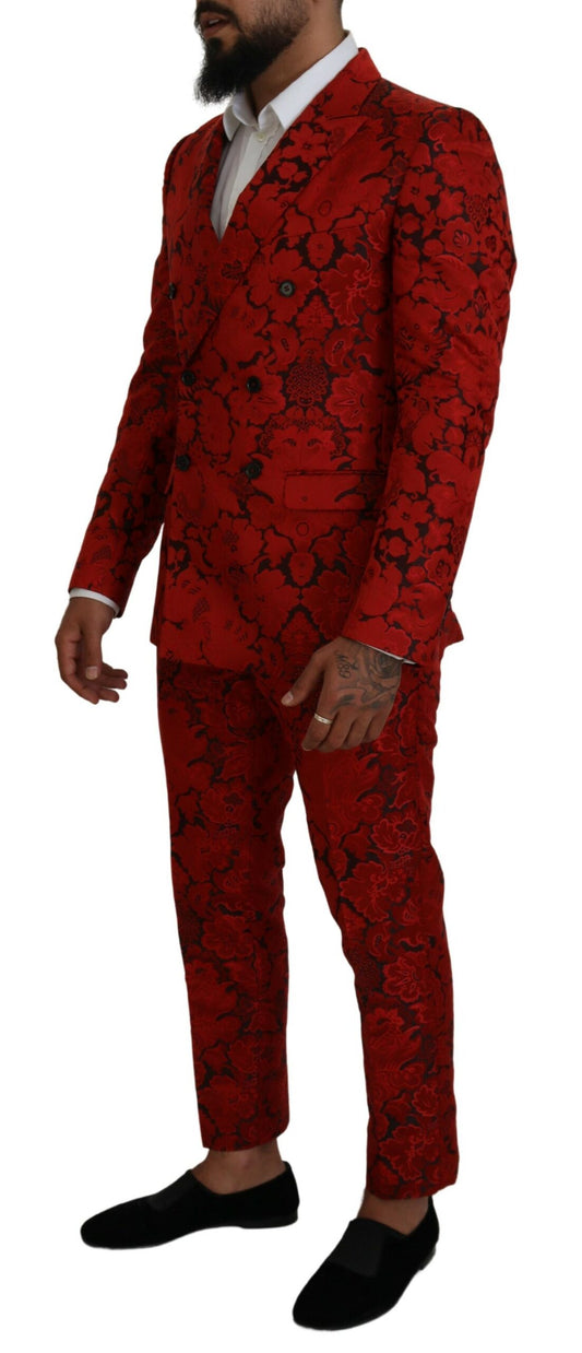 Italian Designer Slim Fit Red Jacquard Suit