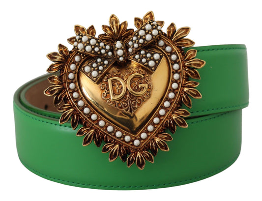 Elegant Green Leather Belt with Gold Buckle