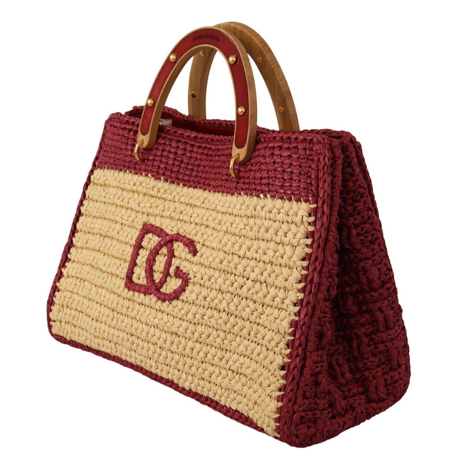 Chic Beige Raffia Tote with Maroon Accents