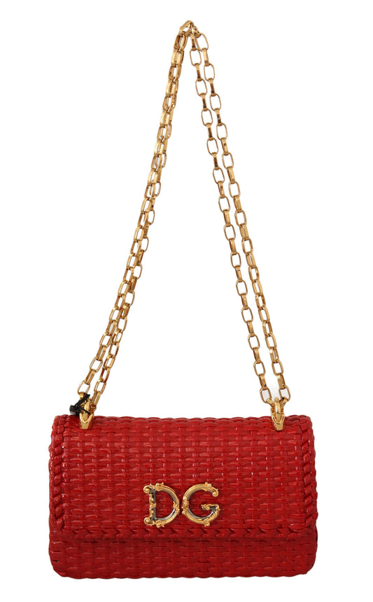 Elegant Red Wicker Shoulder Bag with Gold Chain