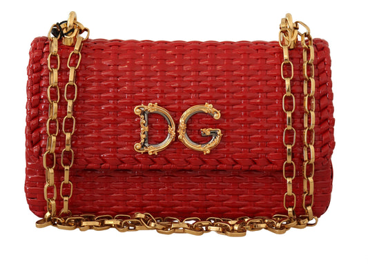 Elegant Red Wicker Shoulder Bag with Gold Chain
